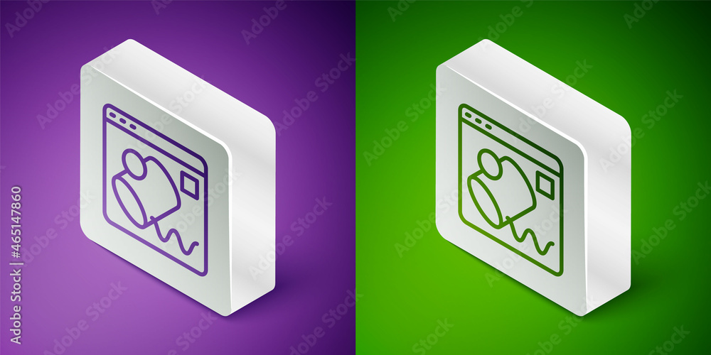 Isometric line Data visualisation icon isolated on purple and green background. Silver square button