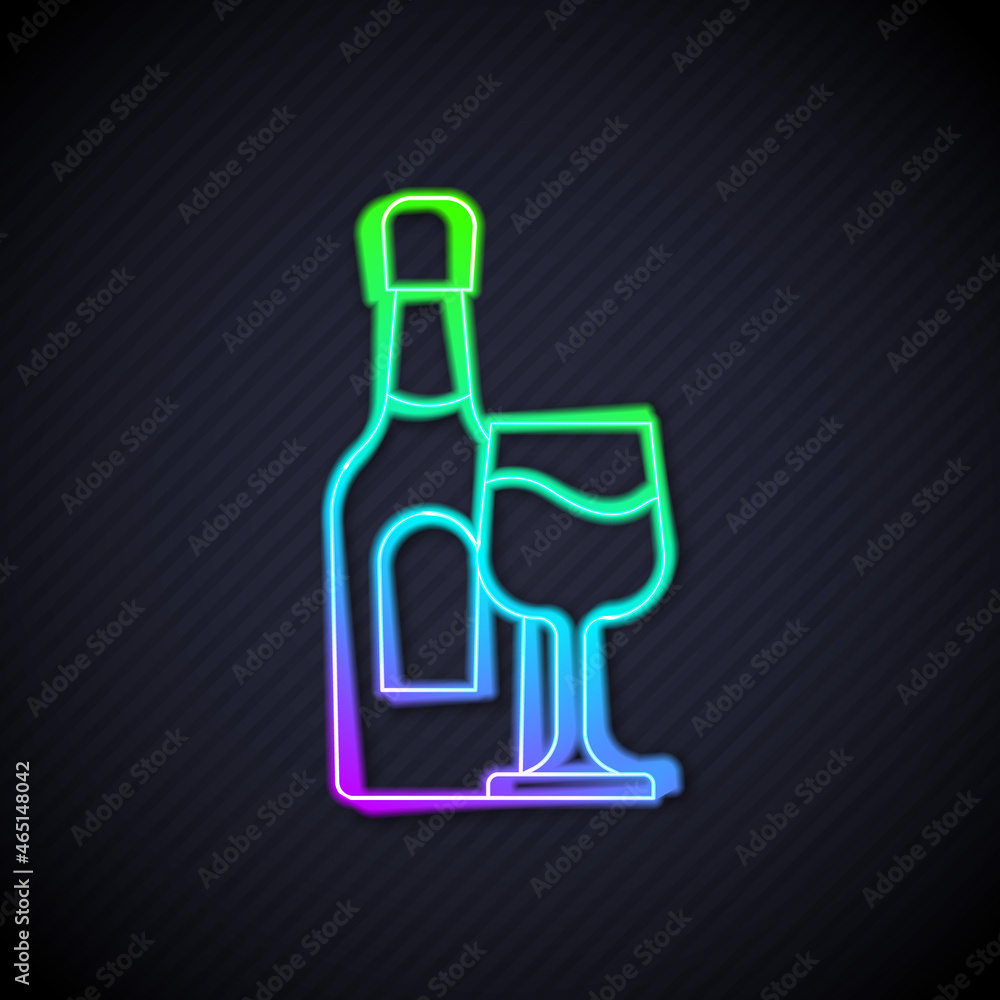 Glowing neon line Wine bottle with glass icon isolated on black background. Vector