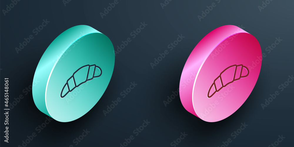 Isometric line Croissant icon isolated on black background. Turquoise and pink circle button. Vector