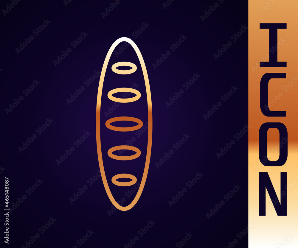 Gold line French baguette bread icon isolated on black background. Vector