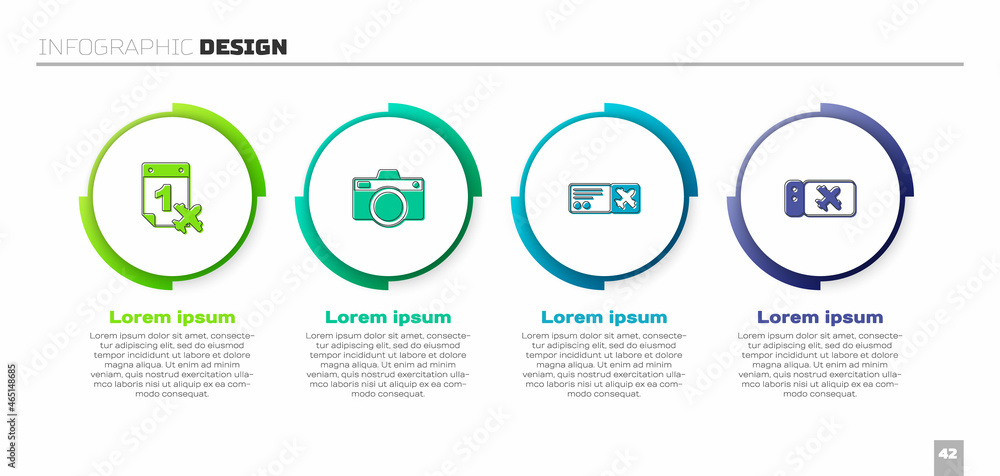设置日历和飞机、照片相机、机票和。商业信息图形模板。矢量