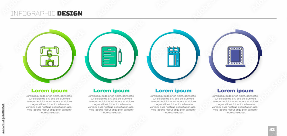 Set Gimbal stabilizer with camera, Scenario, Cinema ticket and Makeup mirror lights. Business infogr