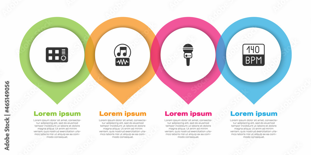 Set Drum machine, Music note, tone, Microphone and Bitrate. Business infographic template. Vector