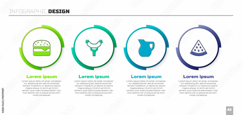 Set Burger, Sausage on the fork, Jug glass with milk and Watermelon. Business infographic template. 