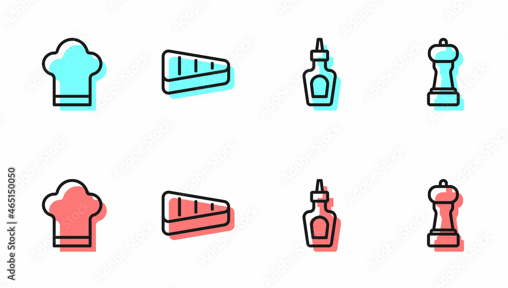 Set line Sauce bottle, Chef hat, Steak meat and Pepper icon. Vector