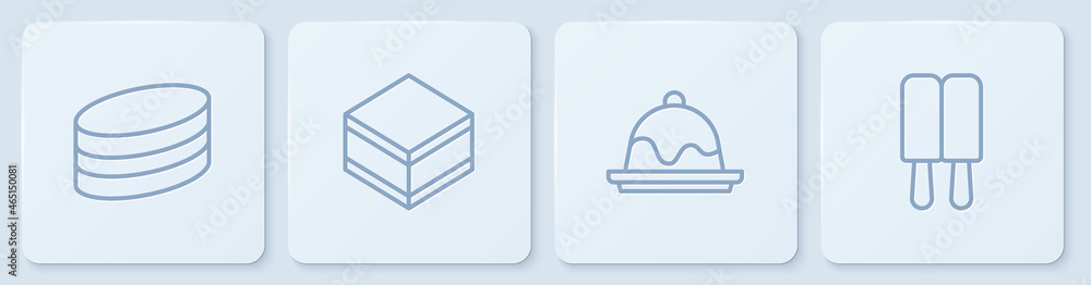 设定线布朗尼巧克力蛋糕、蛋糕和冰淇淋。白色方形按钮。矢量