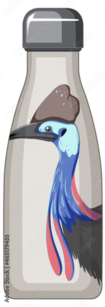 A white thermos bottle with bird animal pattern