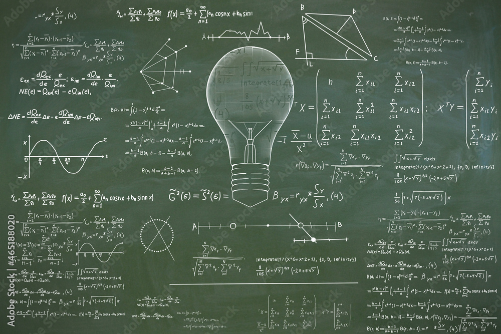 Abstract lamp sketch with mathematical formulas on chalkboard/blackboard wall backdrop. Intelligence