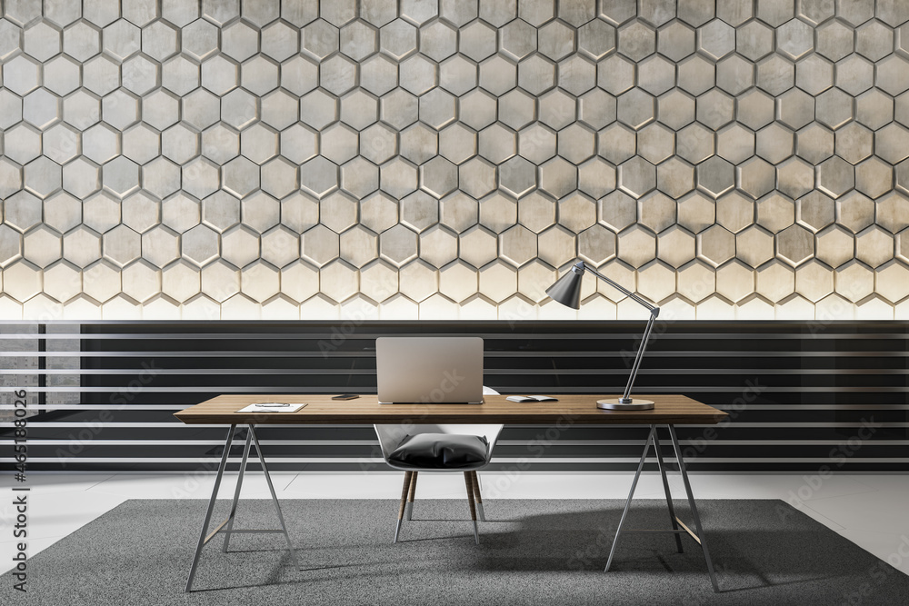 Luxury workplace interior with concrete hexagonal walls and decorative items. 3D Rendering.