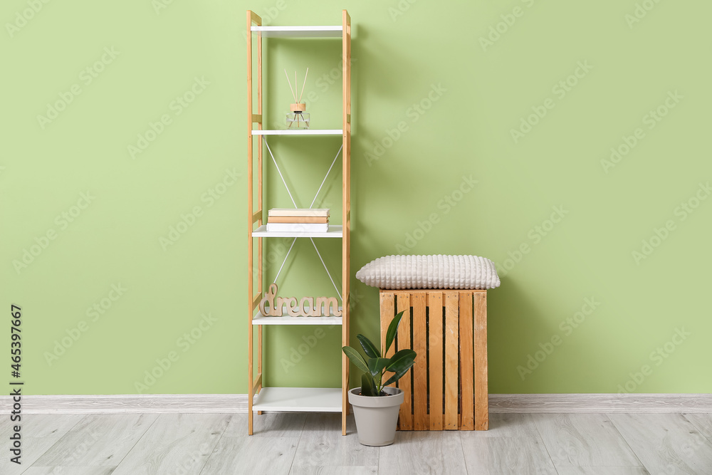 Stylish shelf unit and houseplant in interior of living room