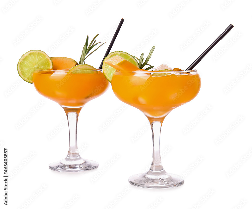 Glasses with tasty melon cocktail isolated on white background