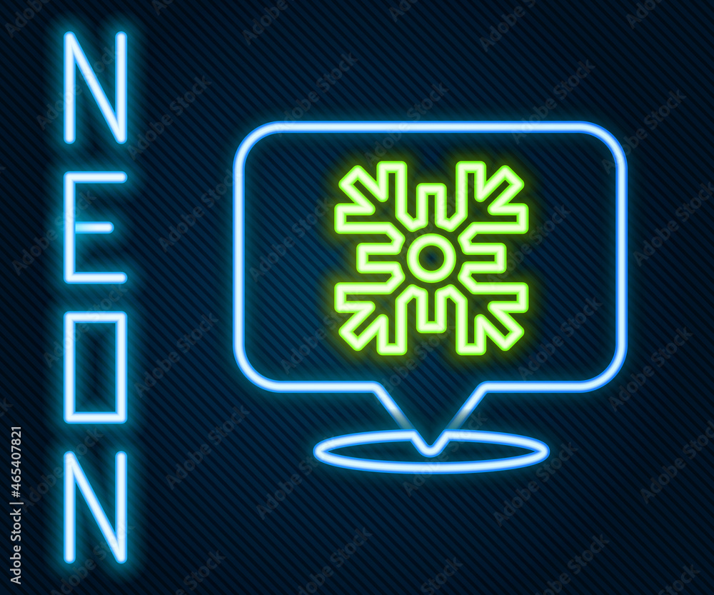 Glowing neon line Snowflake with speech bubble icon isolated on black background. Merry Christmas an