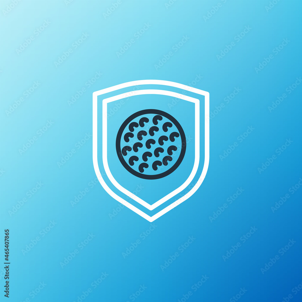 Line Golf ball with shield icon isolated on blue background. Colorful outline concept. Vector