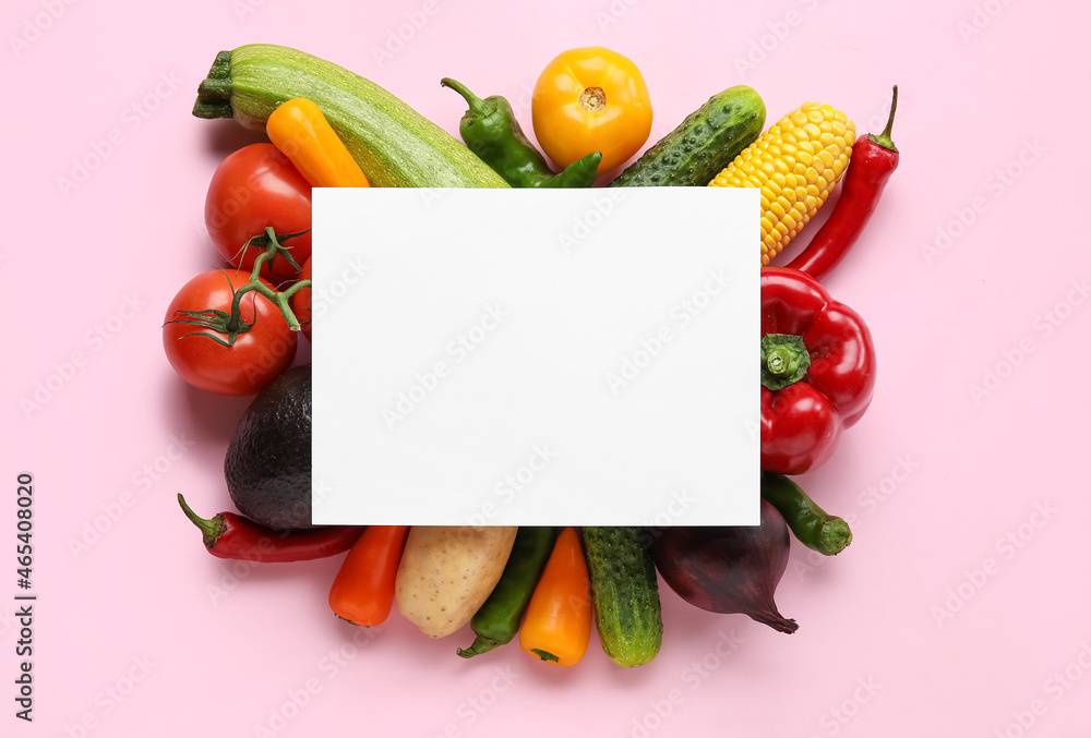 Fruits, vegetables and blank sheet of paper on color background. Vegan Day