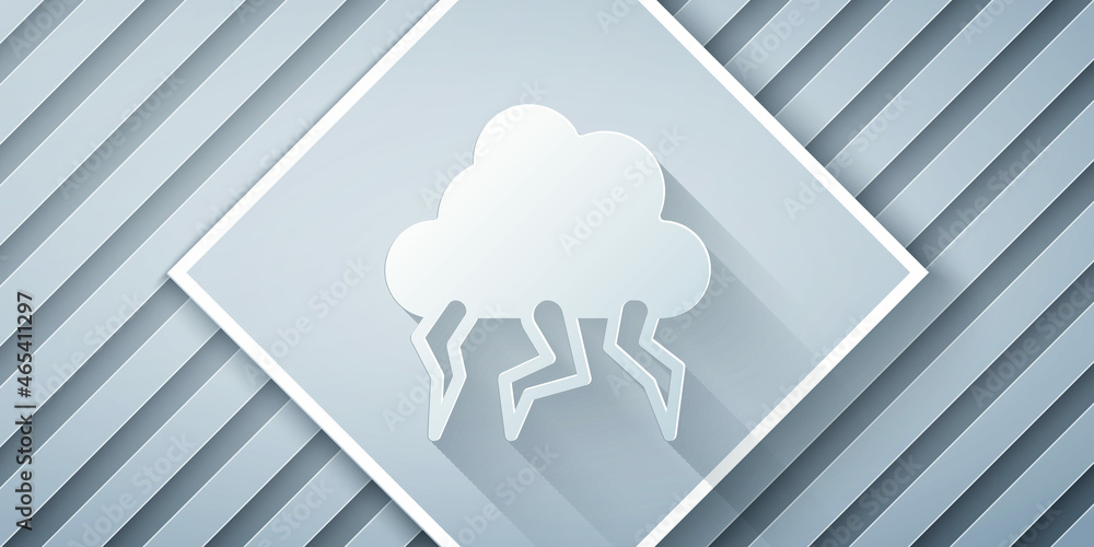 Paper cut Storm icon isolated on grey background. Cloud and lightning sign. Weather icon of storm. P