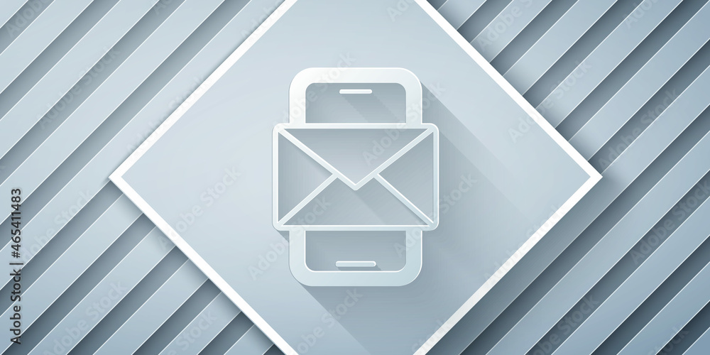 Paper cut Mobile and envelope, new message, mail icon isolated on grey background. Usage for e-mail 