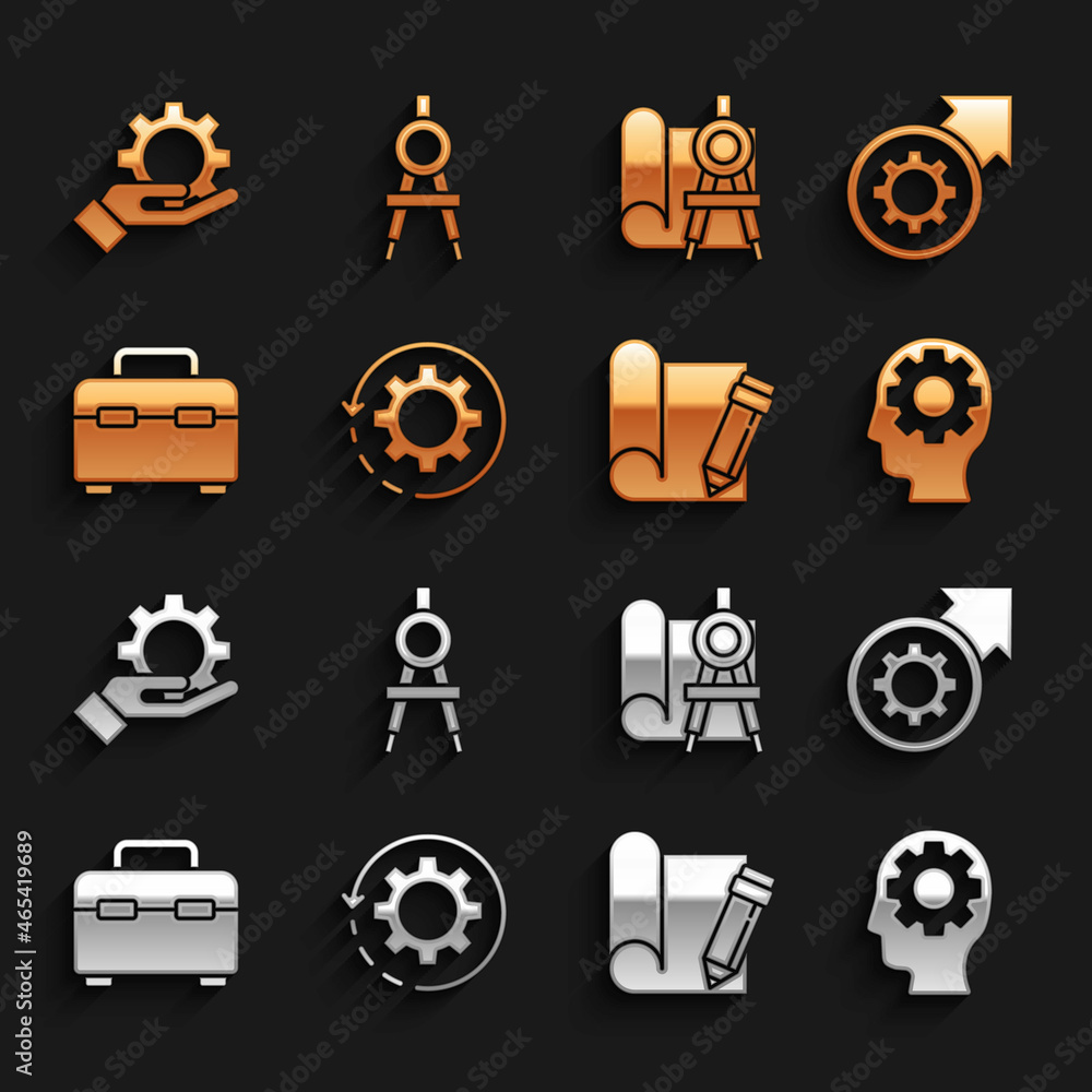 Set Gear and arrows as workflow, process, Human head with gear inside, Graphing paper pencil, Toolbo
