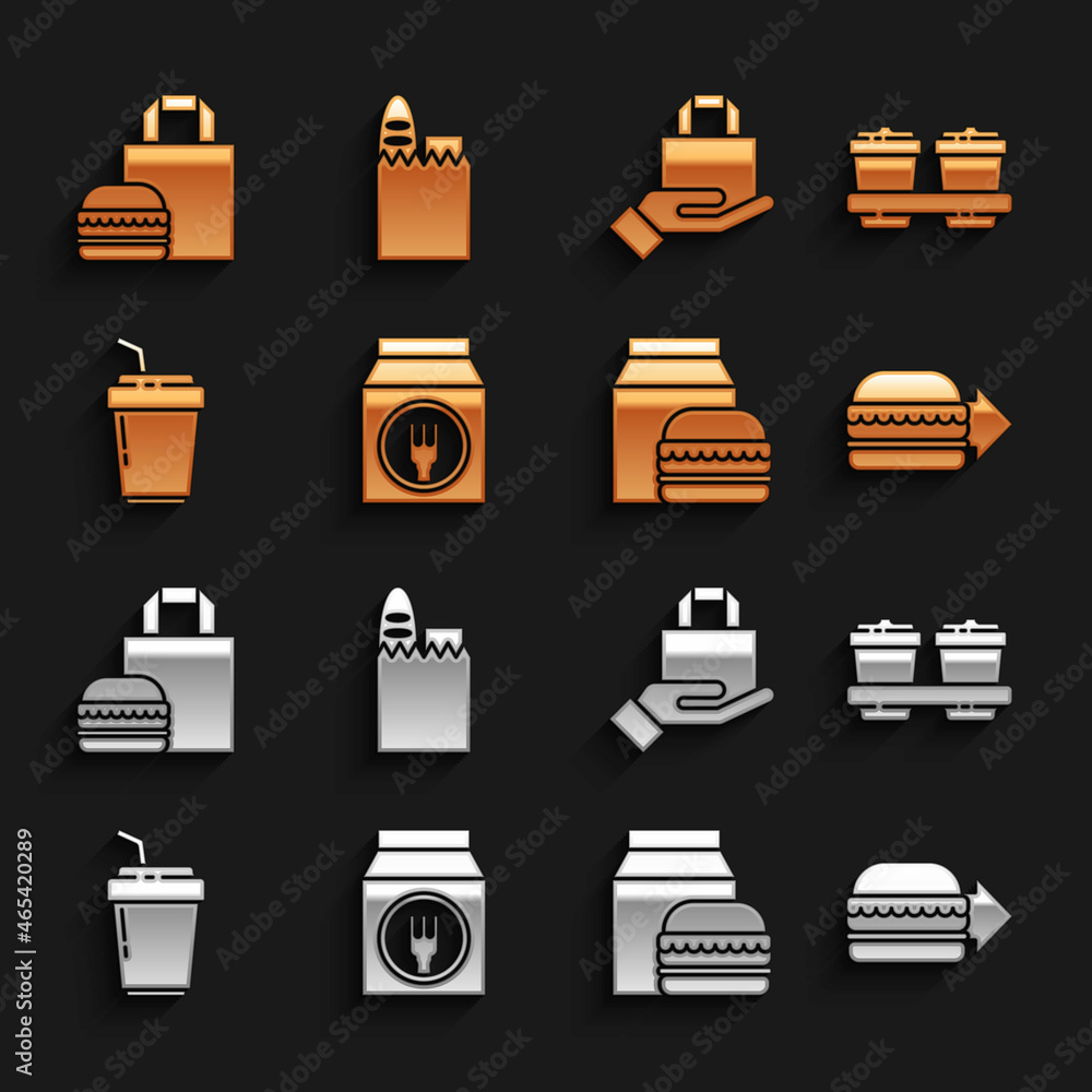 Set Online ordering and delivery, Coffee cup to go, burger, and Shopping bag food icon. Vector