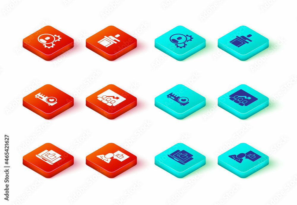 Set Hand like, Media projector, Project team base, Speaker and Head hunting icon. Vector