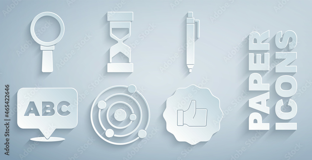 Set Solar system, Pen, Alphabet, Hand thumb up, Old hourglass with sand and Magnifying icon. Vector