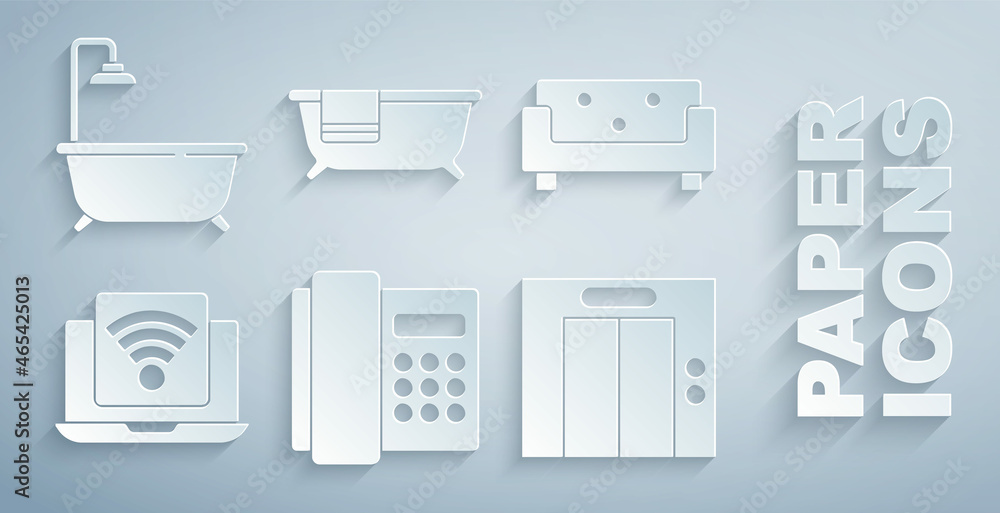 Set Telephone handset, Sofa, Wireless laptop, Lift, Bathtub and with shower icon. Vector