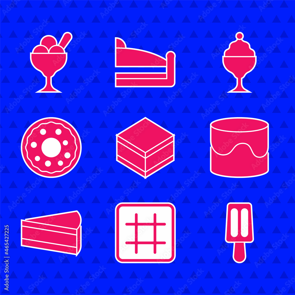 Set Brownie chocolate cake, Waffle, Ice cream, Cake, Piece of, Donut, in bowl and icon. Vector