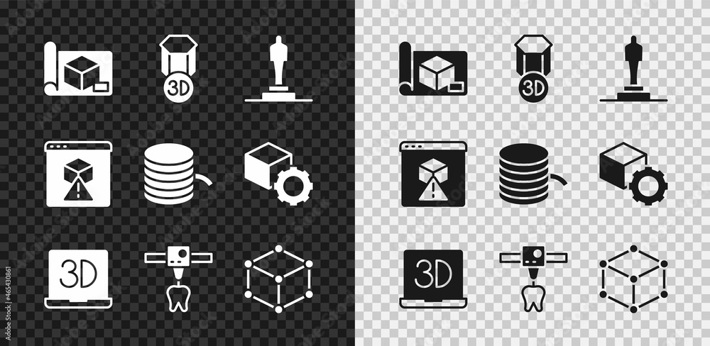 为工程、3D打印机、模型、牙齿、等距立方体和细丝图标设置绘图纸。Vec