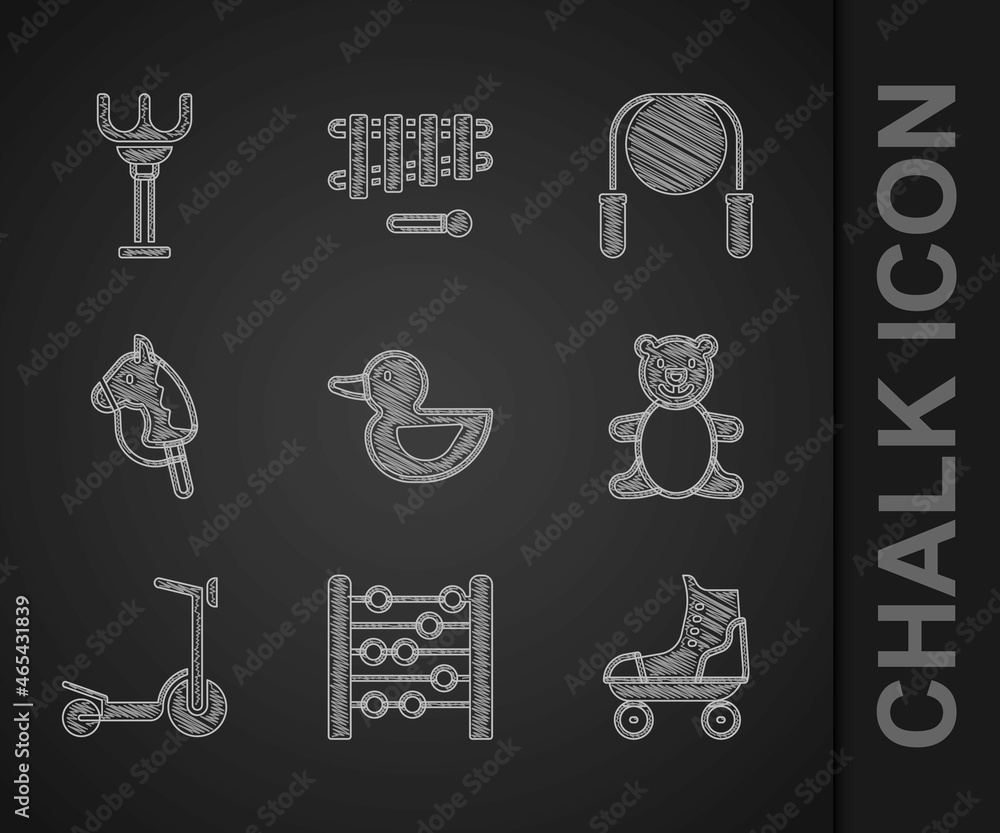 Set Rubber duck, Abacus, Roller skate, Teddy bear plush toy, scooter, Toy horse, Jump rope and Rake 