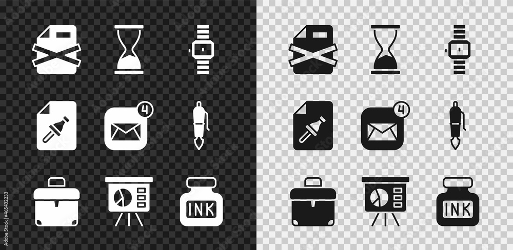 Set Delete file document, Old hourglass, Wrist watch, Briefcase, Board with graph, Inkwell, Note pap