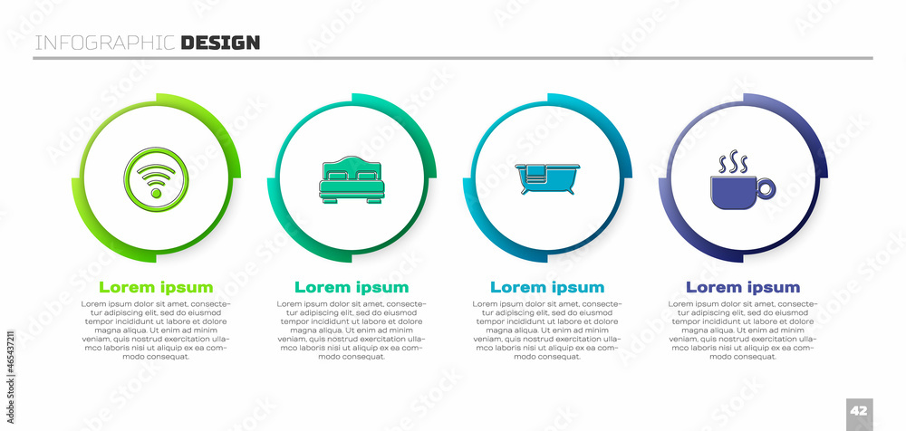 设置Wi-Fi无线、酒店客房床、浴缸和咖啡杯。商业信息图模板。矢量