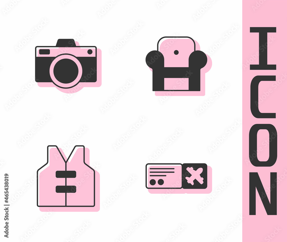 Set Airline ticket, Photo camera, Life jacket and Armchair icon. Vector