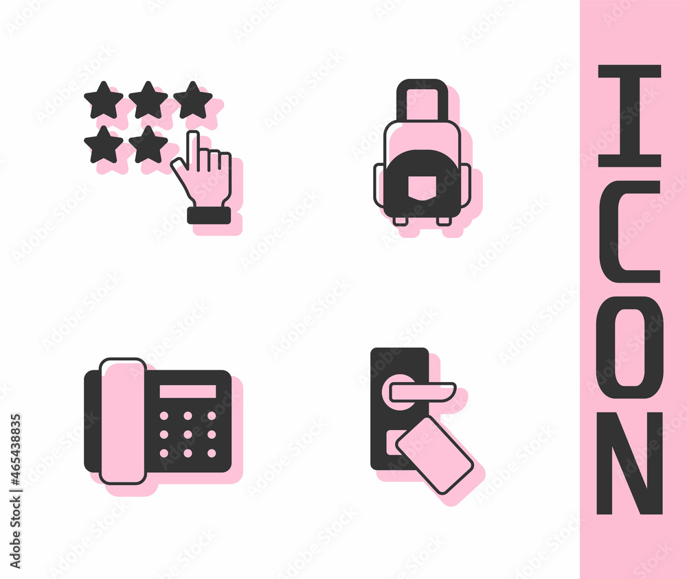 Set Digital door lock, Stars rating, Telephone handset and Suitcase icon. Vector