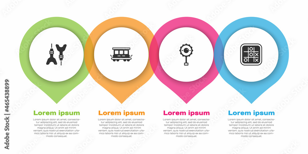 Set Dart arrow, Passenger train cars toy, Rattle baby and Tic tac toe game. Business infographic tem