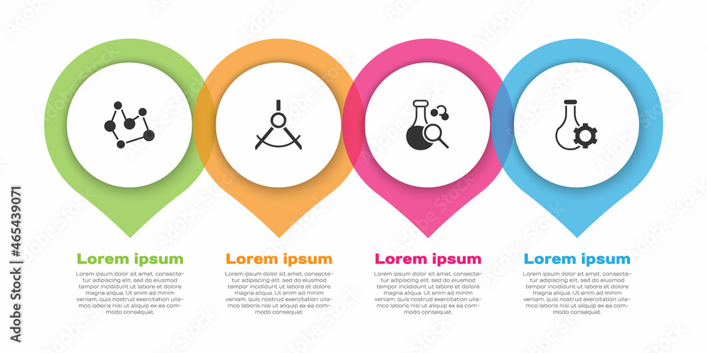 设置化学配方，绘图指南针，试管和。商业信息图模板。矢量