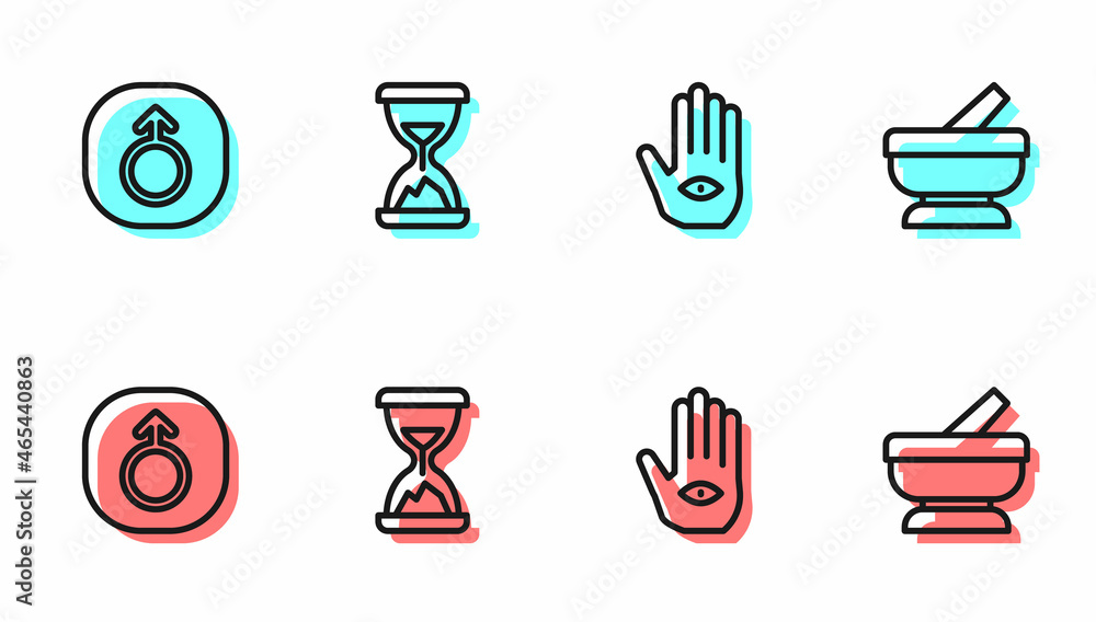 Set line Hamsa hand, Mars, Old hourglass with sand and Mortar pestle icon. Vector