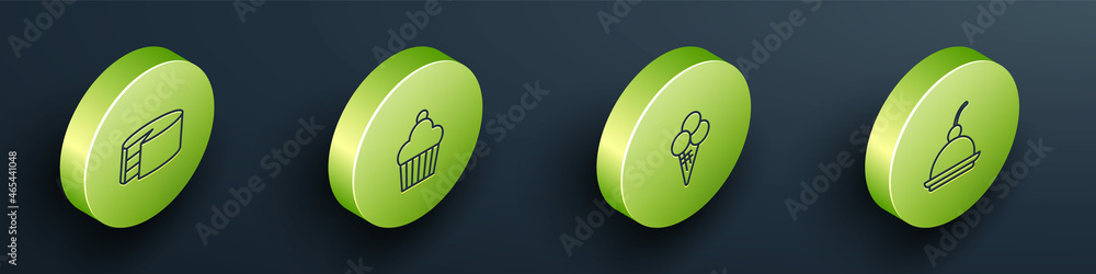 Set Isometric line Cake, , Ice cream in waffle cone and Cherry cheesecake icon. Vector