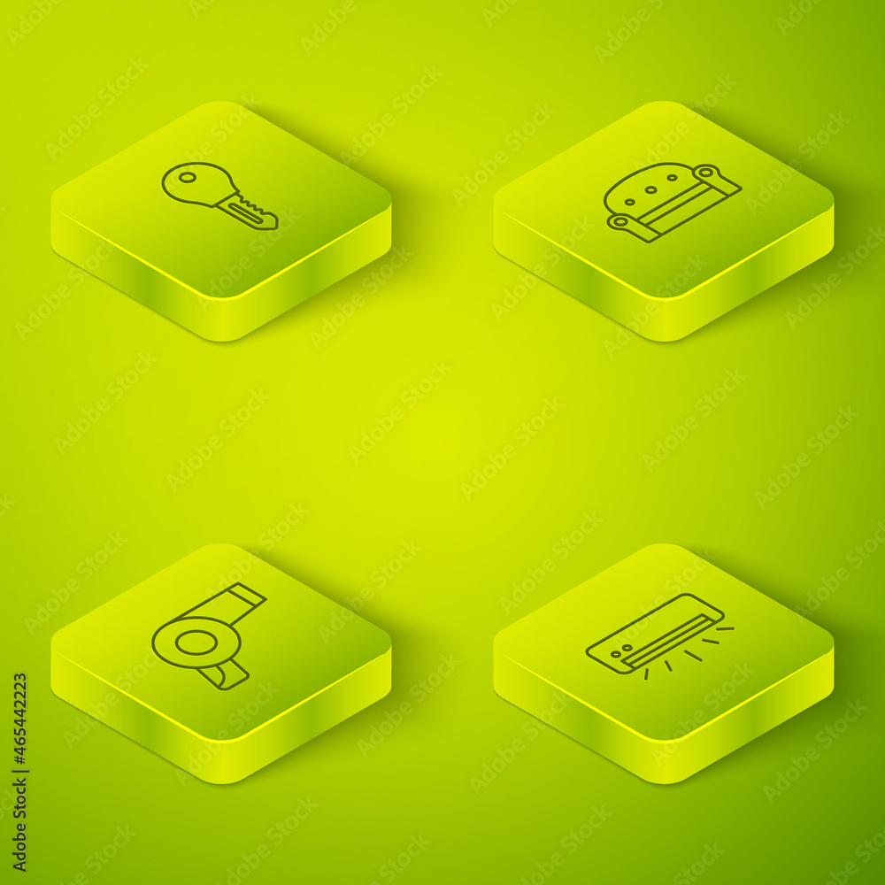 Set Isometric line Sofa, Hair dryer, Air conditioner and Hotel door lock key icon. Vector