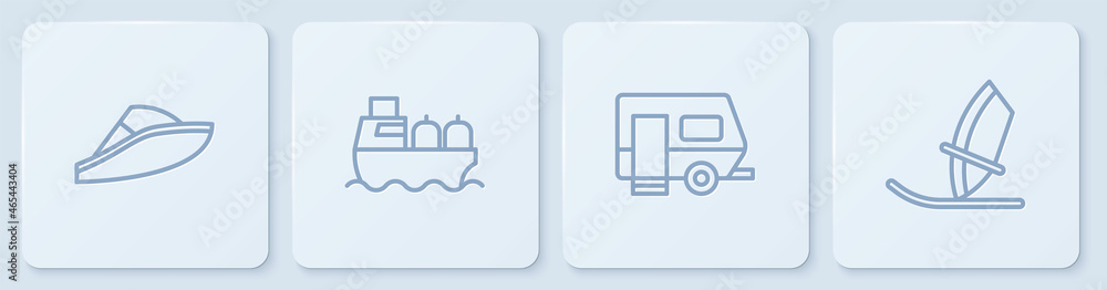设线快艇、越野露营拖车、油轮和风帆冲浪。白色方形按钮。矢量