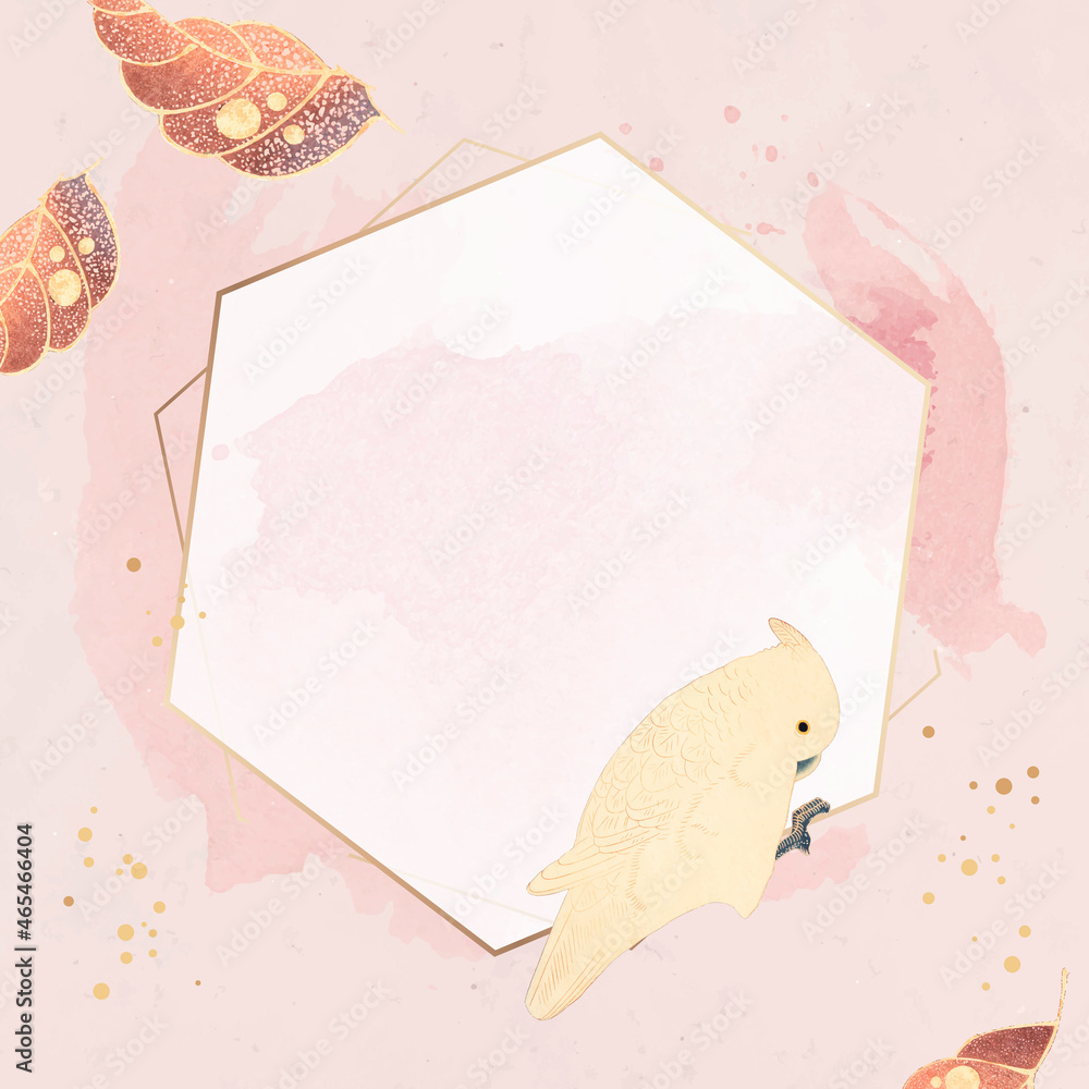 Hexagonal gold frame with a macaw and leaf motifs on a pastel pink background vector