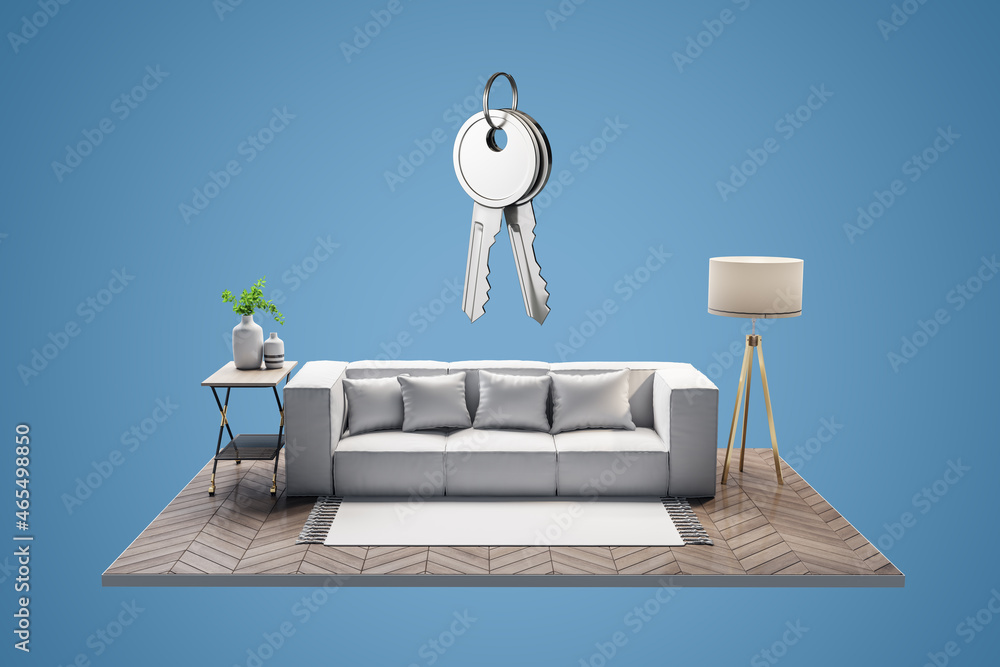 Creative sofa and living room fragment on blue background with silver keys. Mortgage and house purch