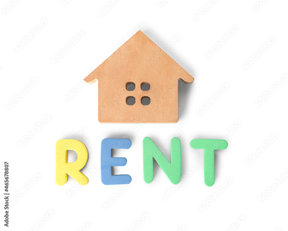 Wooden house and word RENT on white background