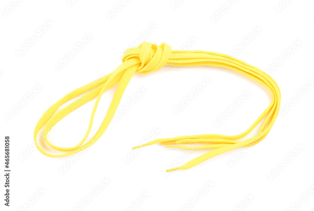 Yellow shoe laces tied in knot on white background