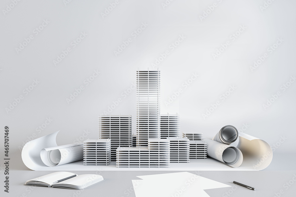 Skyscraper project with paperwork on white background. Architecture and engineering concept. 3D Rend