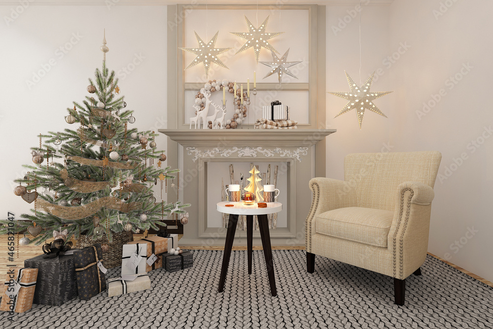 New year tree in scandinavian style interior with christmas decoration and fireplace	