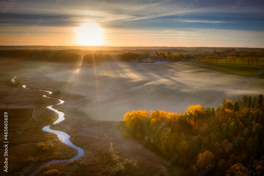 Radunia river meanders in the autumnal scenery before sunrise, Kashubia. Poland