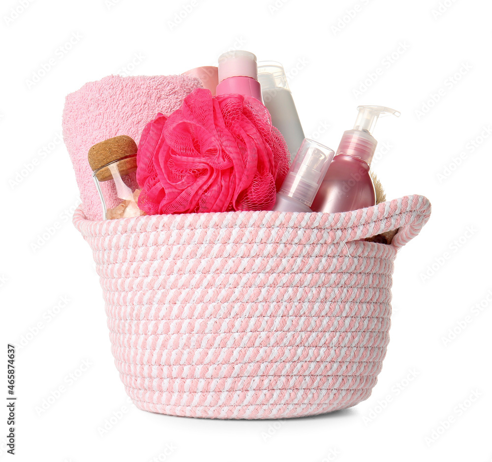 Basket with bath supplies isolated on white background