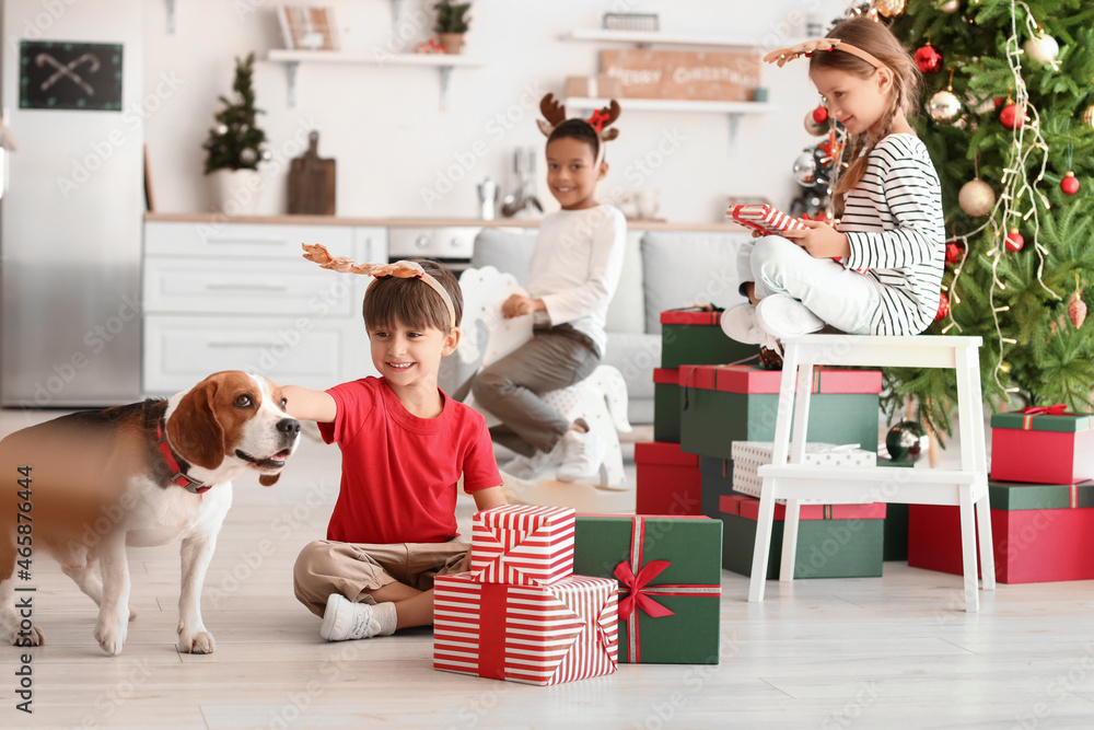 Cute little boy with gifts and dog at home on Christmas eve