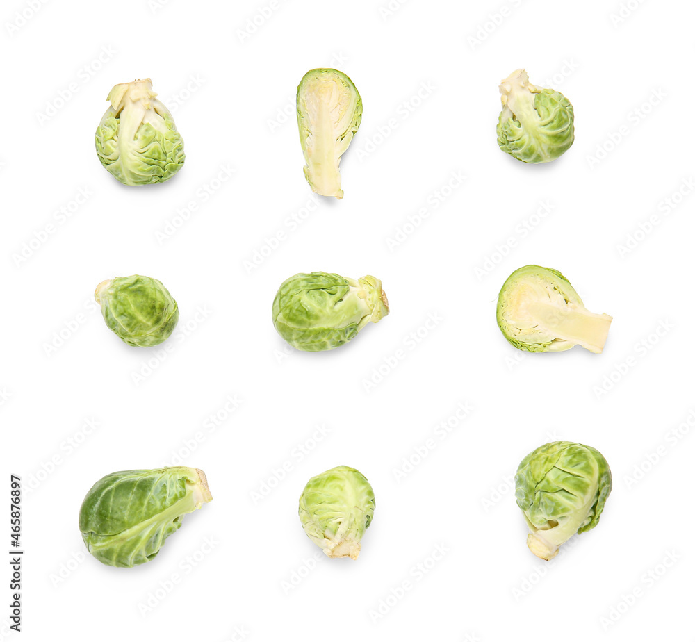 Raw Brussels sprouts on white background