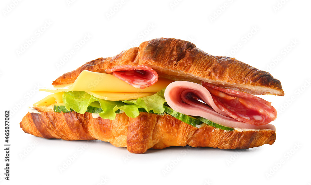 Delicious croissant sandwich with meat on white background