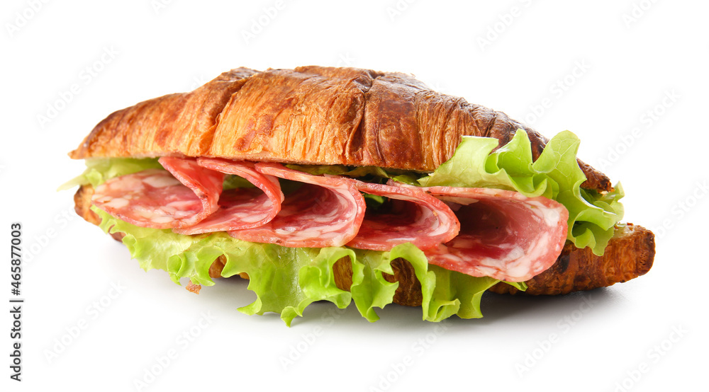 Delicious croissant sandwich with meat on white background